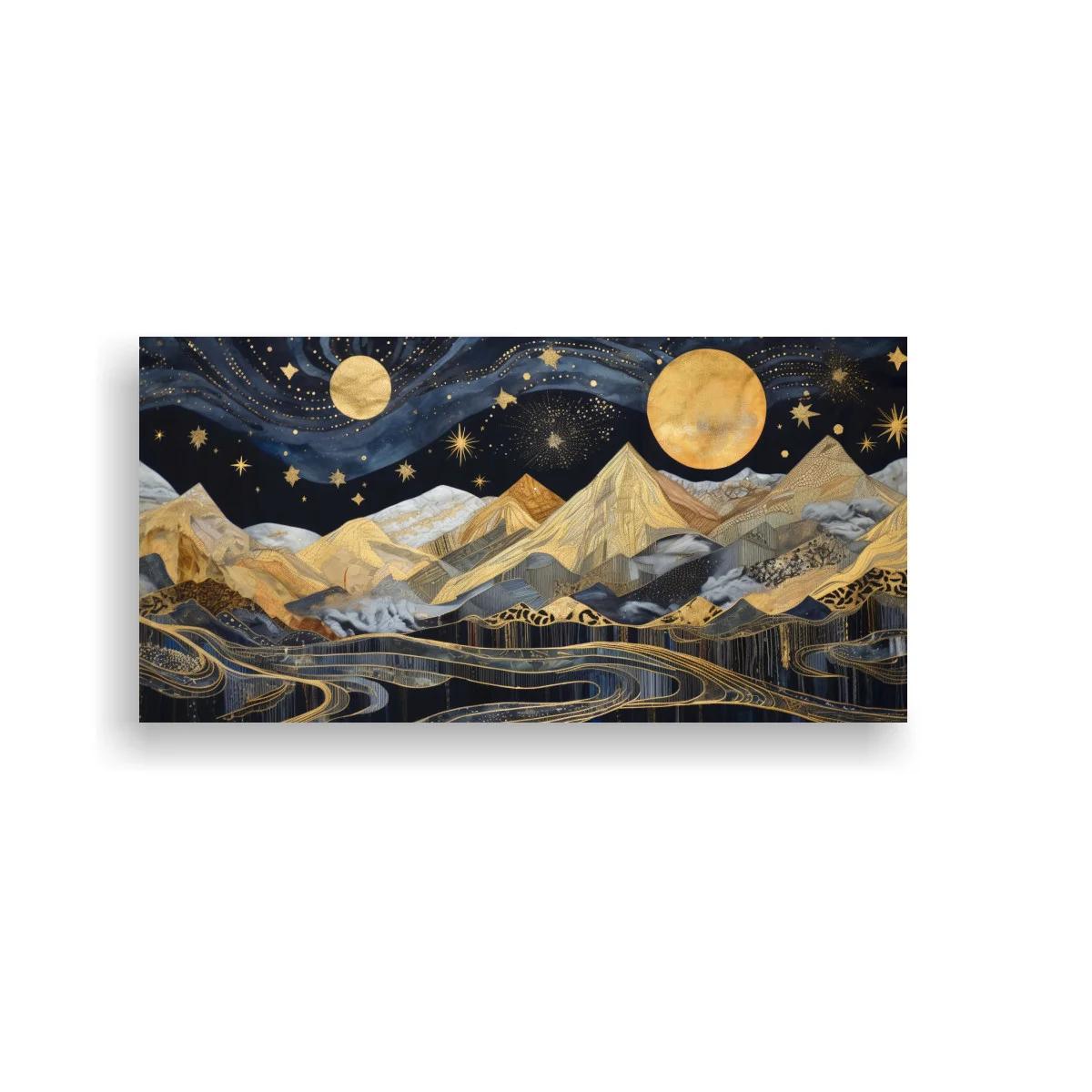 Cuadro paisaje de montañas bajo dos lunas doradas