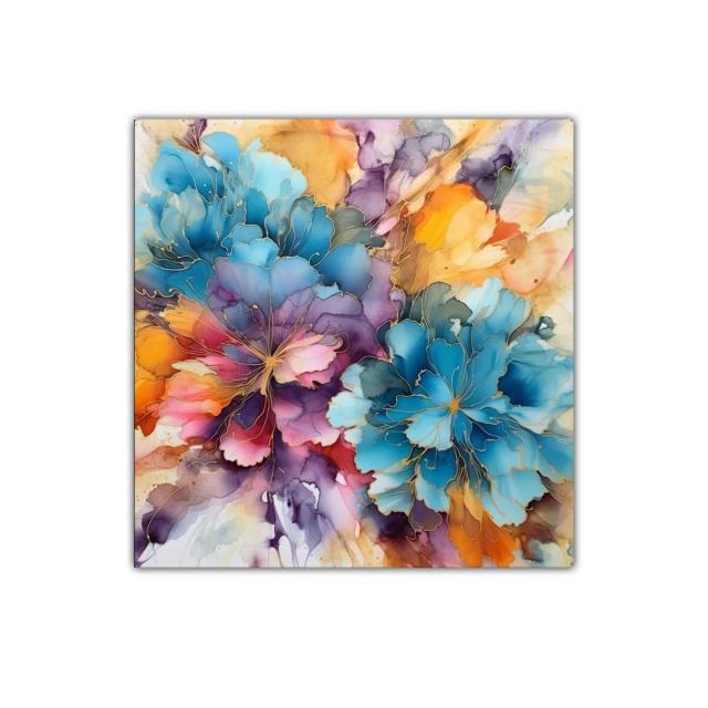Cuadro floral abstracto en vibrantes tonos azul y naranja