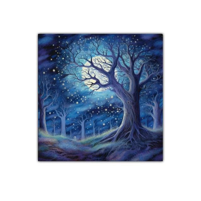 Bosque encantado bajo luna brillante y estrellas