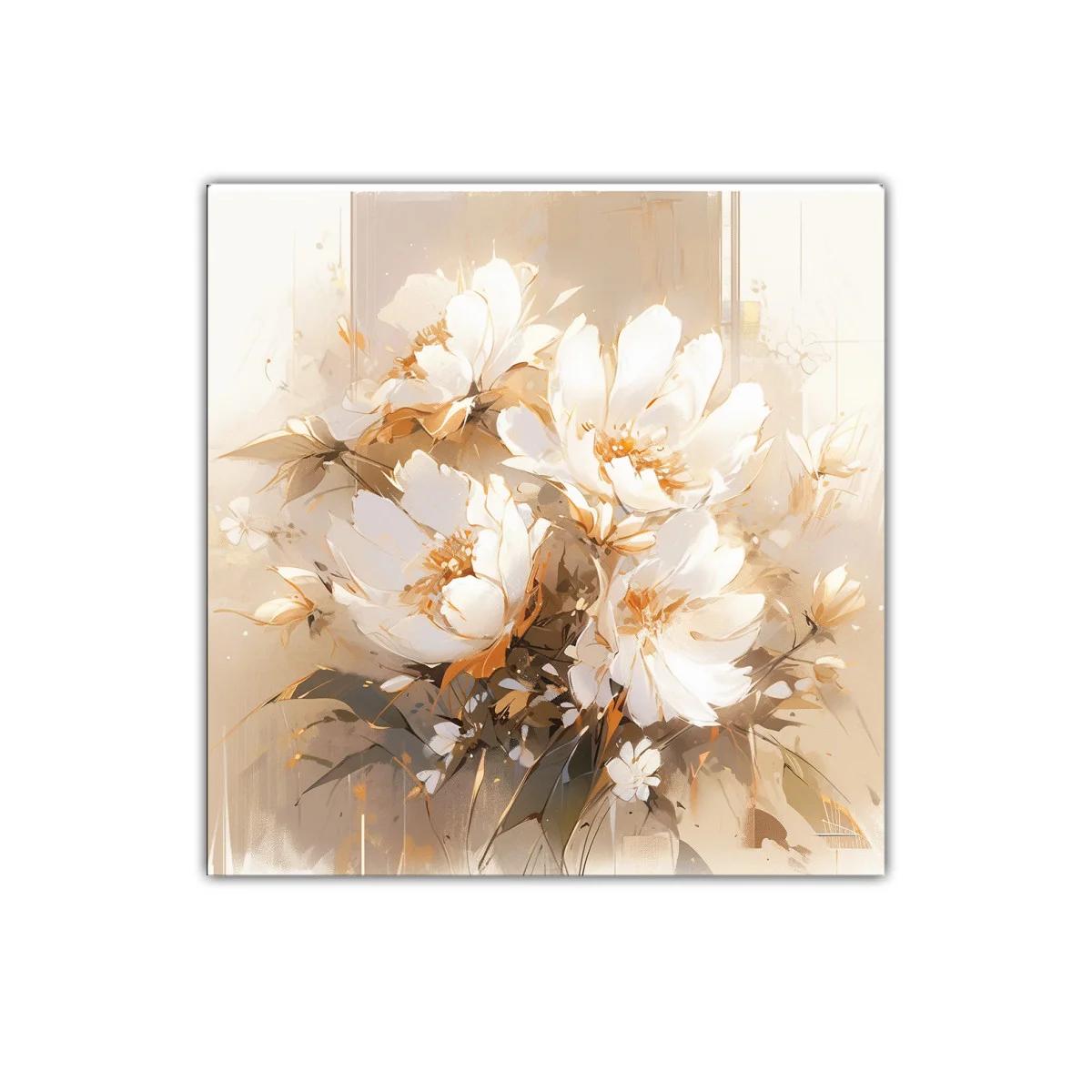 Cuadro moderno con ramo de flores blancas y tonos dorados