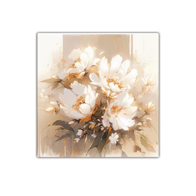 Cuadro moderno con ramo de flores blancas y tonos dorados