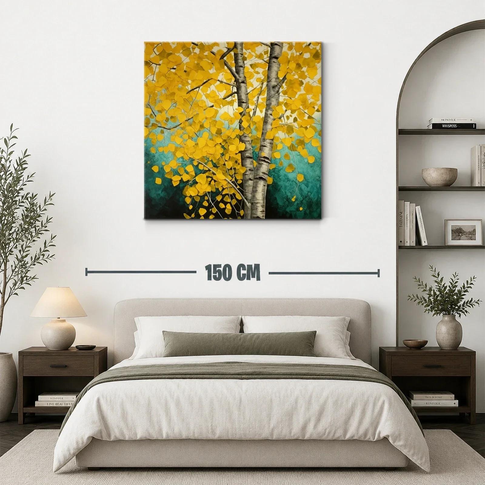 Árbol de hojas doradas con tronco plateado en fondo turquesa — miniatura 3