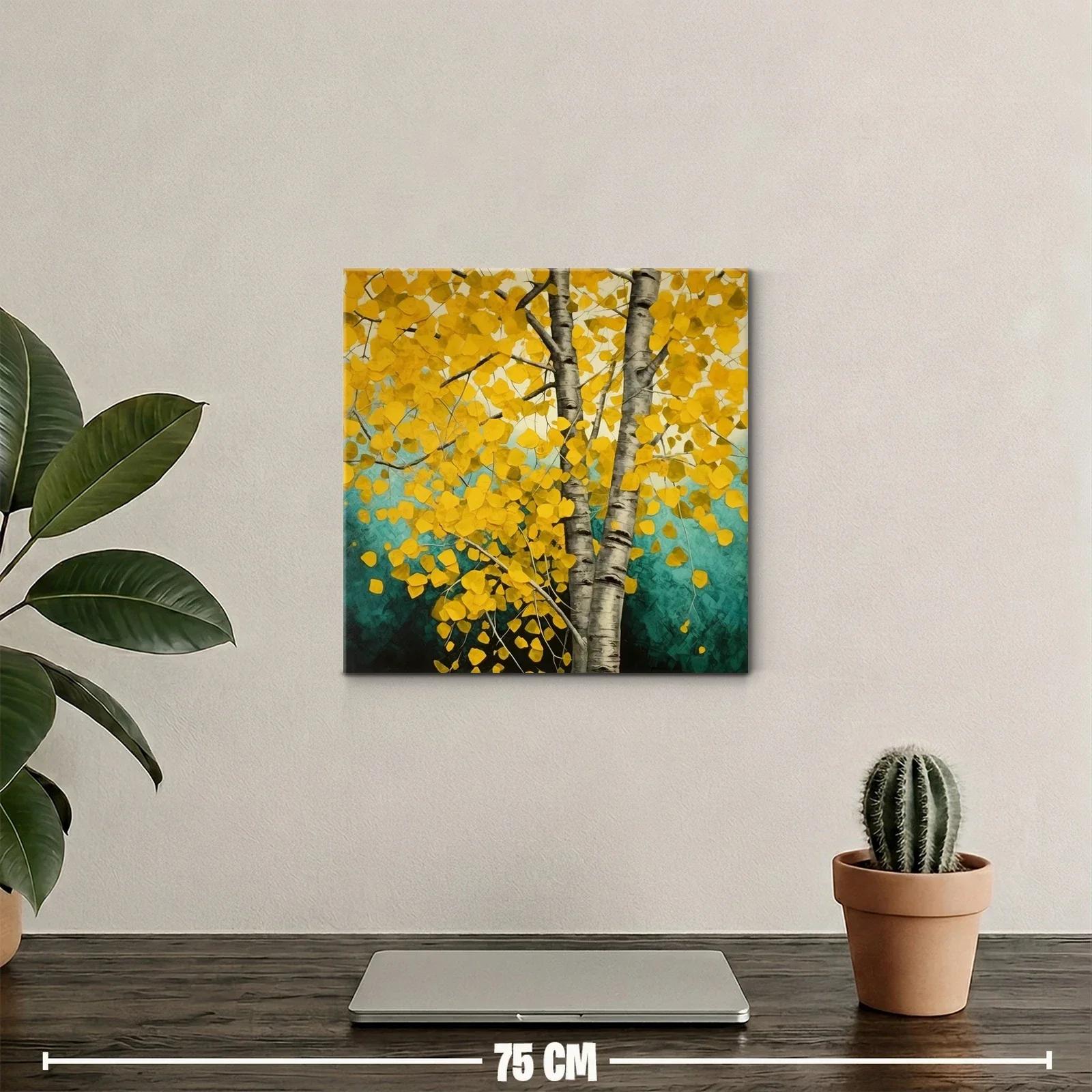 Árbol de hojas doradas con tronco plateado en fondo turquesa — miniatura 2