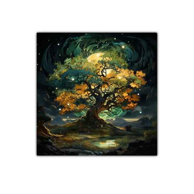 Árbol mágico iluminado en paisaje nocturno fascinante