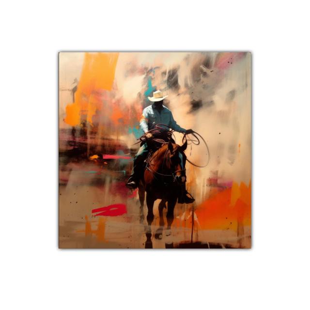 Cuadro de vaquero montando caballo con tonos cálidos y vibrantes