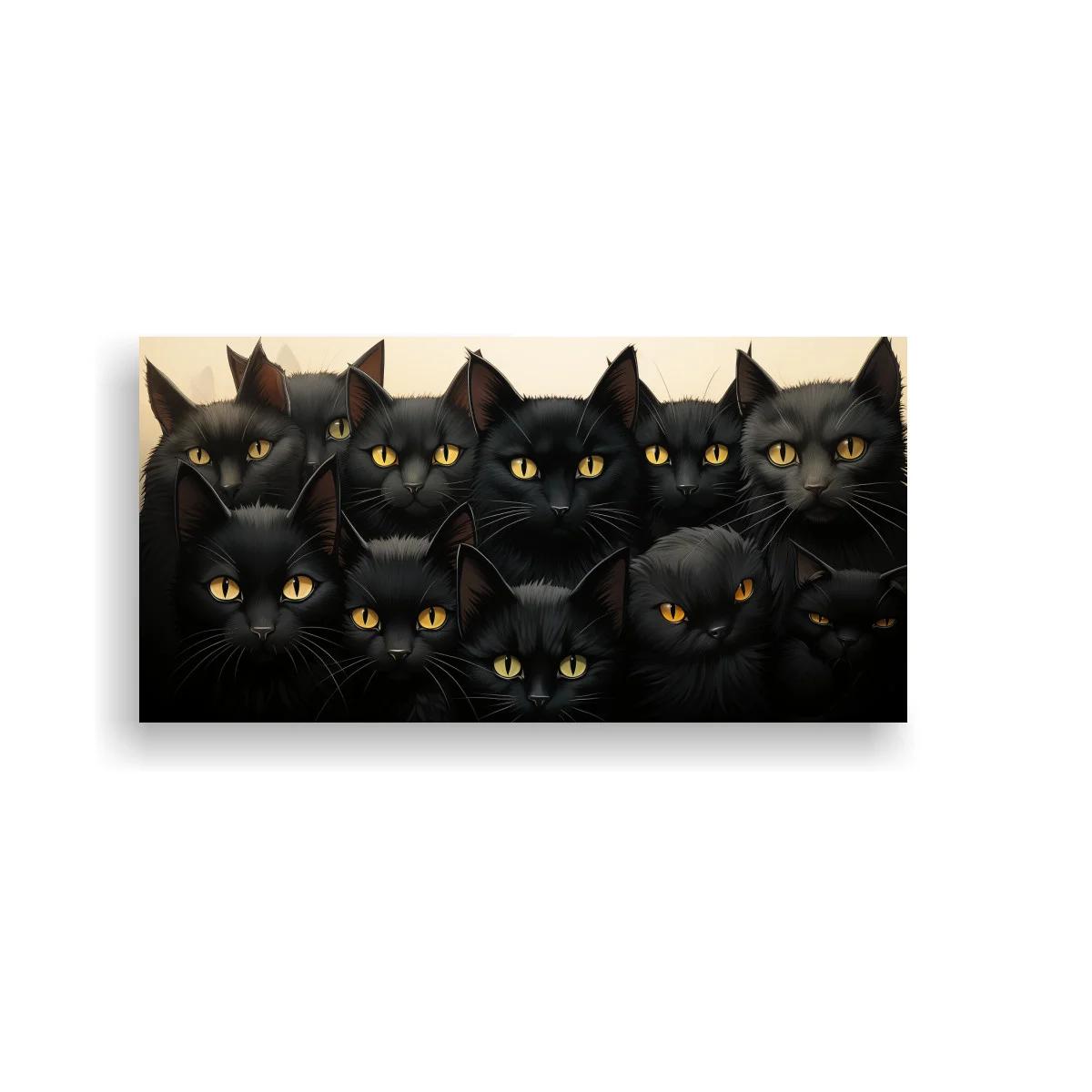 Cuadro grupo de gatos negros con ojos ámbar y bigotes blancos
