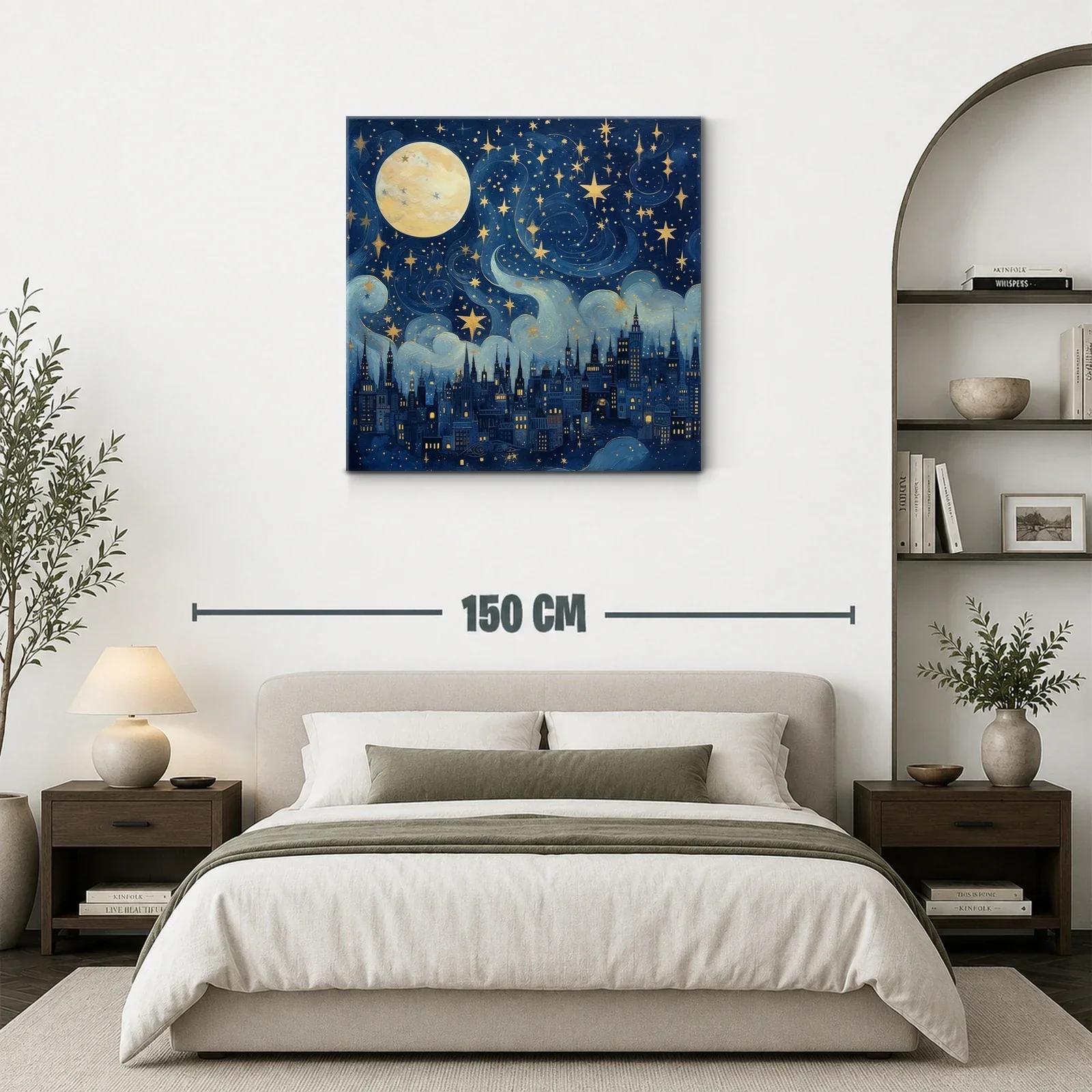 Ciudad nocturna bajo un cielo estrellado con luna llena — miniatura 3