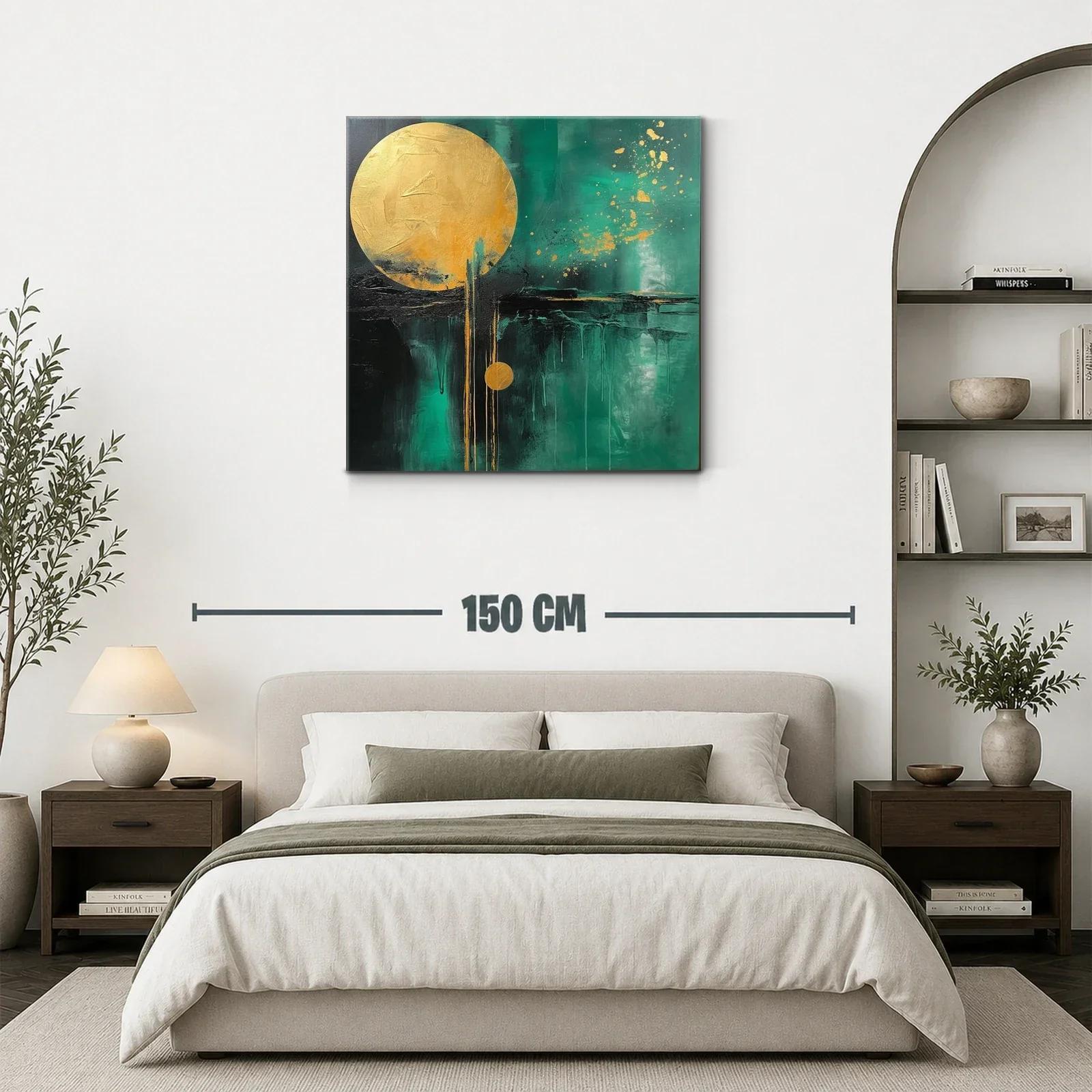 Cuadro abstracto con círculos dorados y fondo verde intenso — miniatura 3