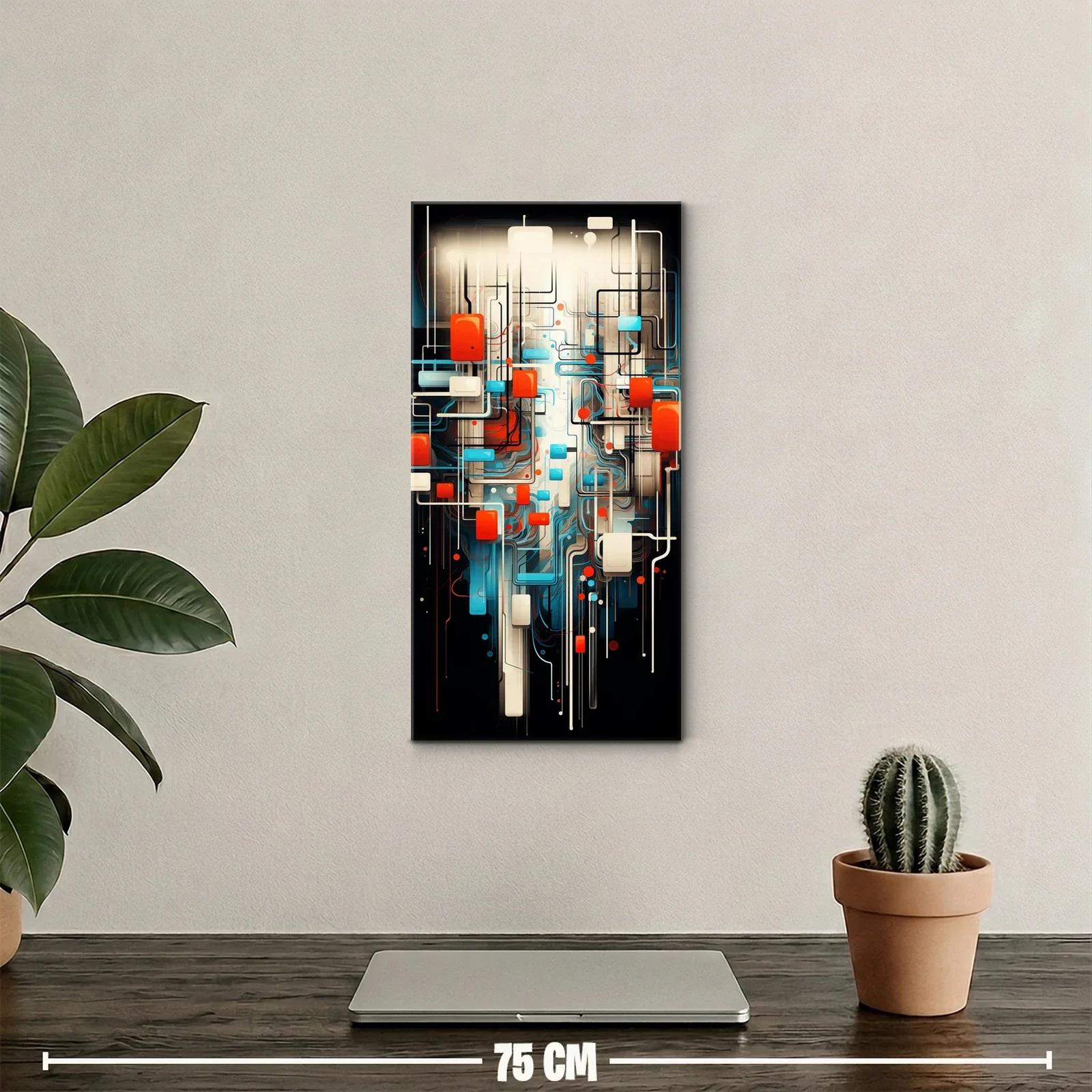 Cuadro abstracto de líneas y bloques rojos y turquesa — miniatura 2
