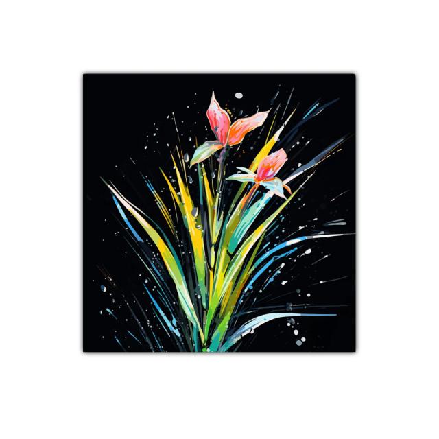 Cuadro moderno con flores vibrantes sobre fondo oscuro
