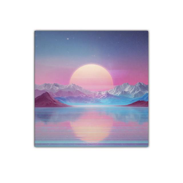 Paisaje surrealista con atardecer y montañas coloridas