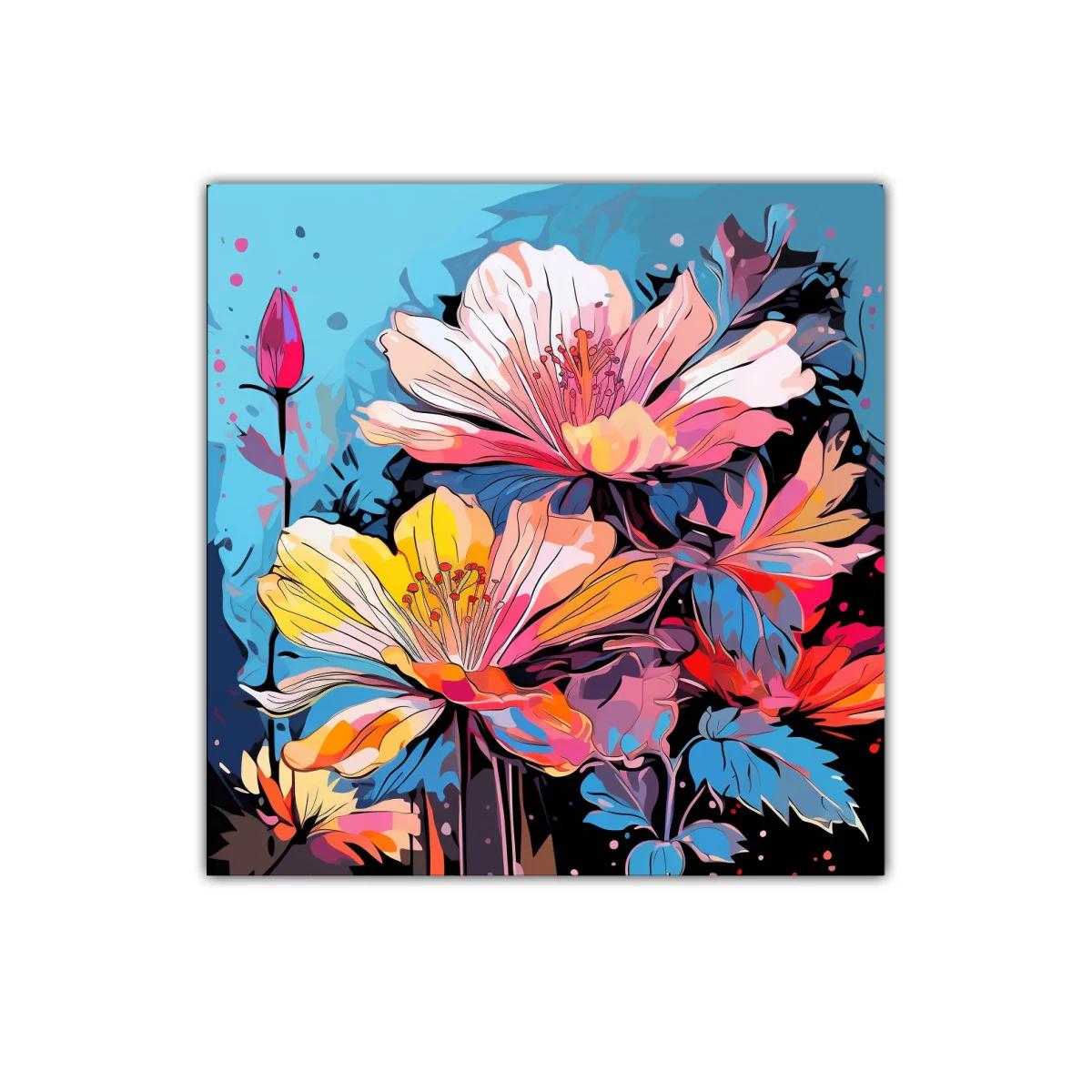 Cuadro floral con vibrantes tonos azules y rosas