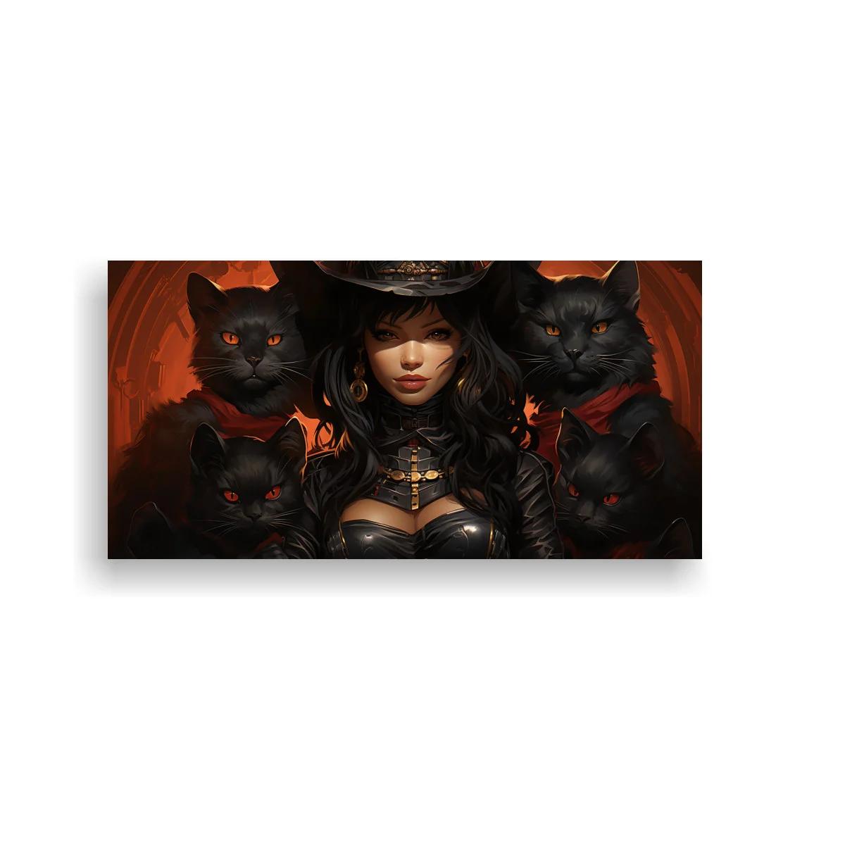 Cuadro mujer con gatos negros y fondo circular rojizo