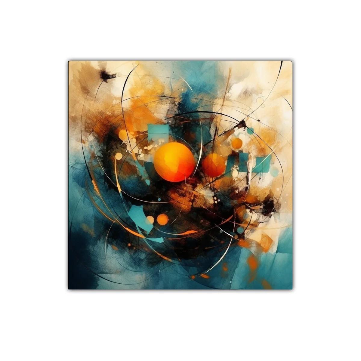 Cuadro abstracto con esferas naranjas y tonos azules