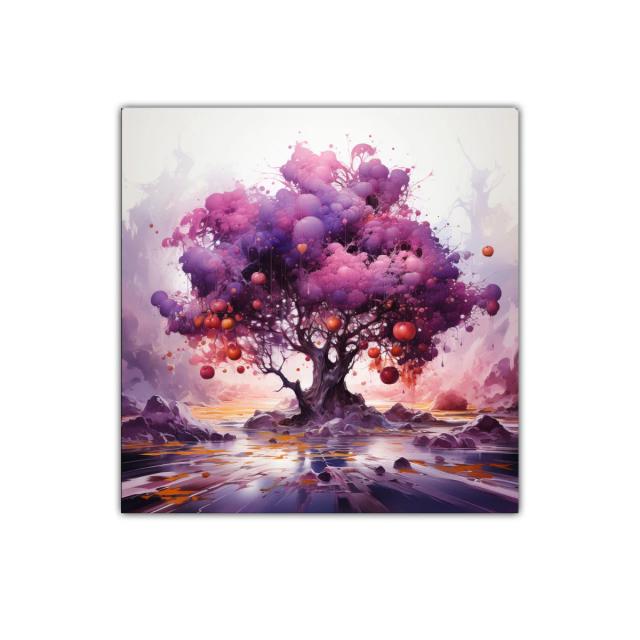 Árbol mágico en tonos morados con frutos naranjas vibrantes