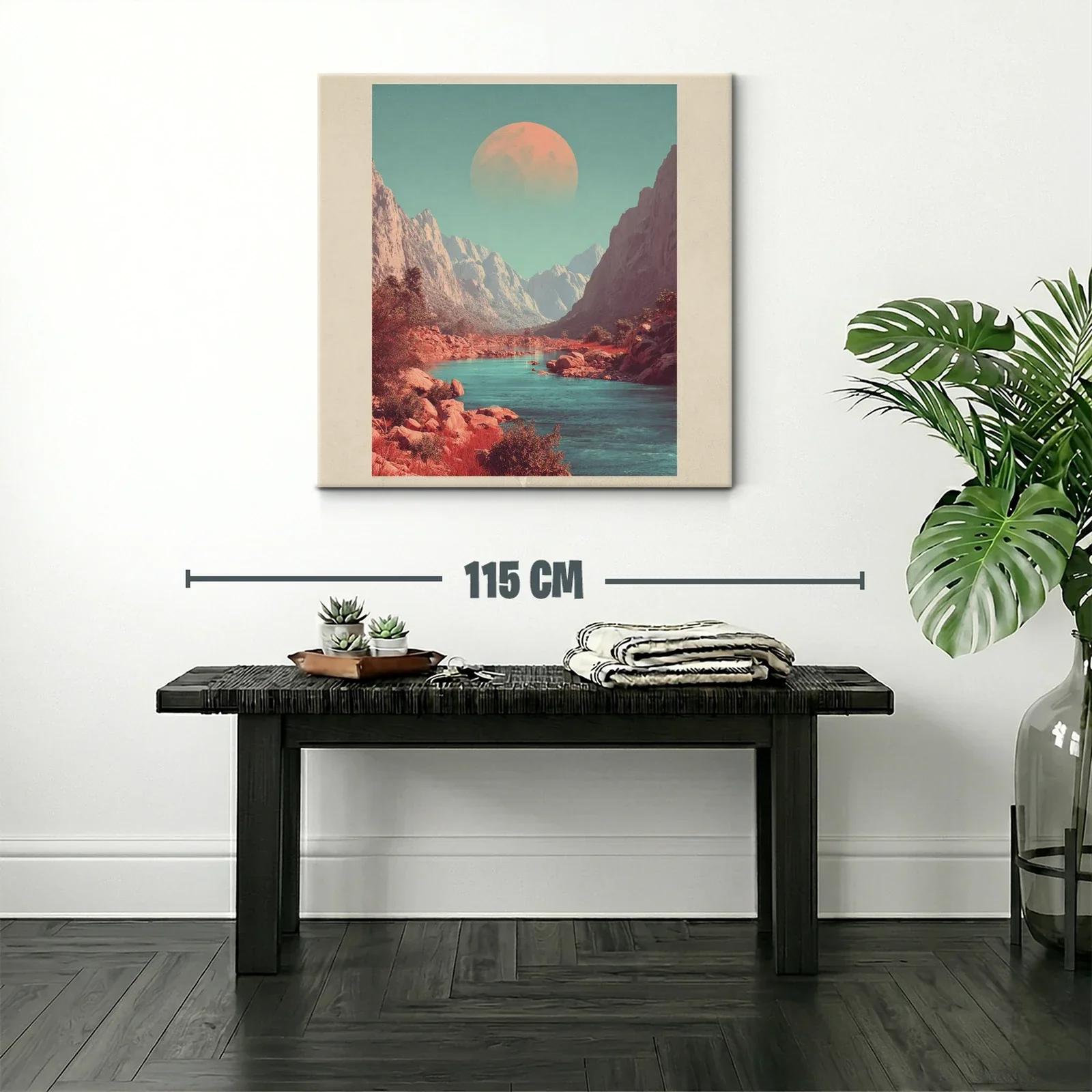 Paisaje montañoso con río y luna en tonos cálidos y fríos — miniatura 2