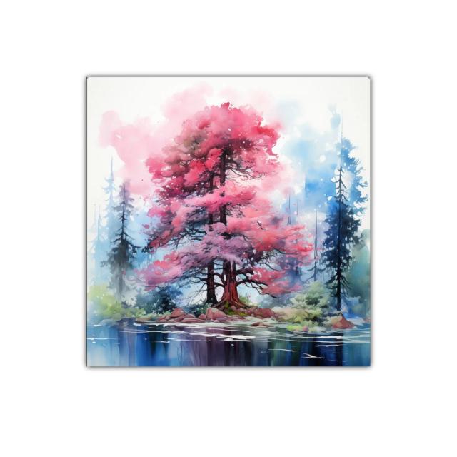 Árbol en tonos rosas y azules sobre lago sereno y bosques