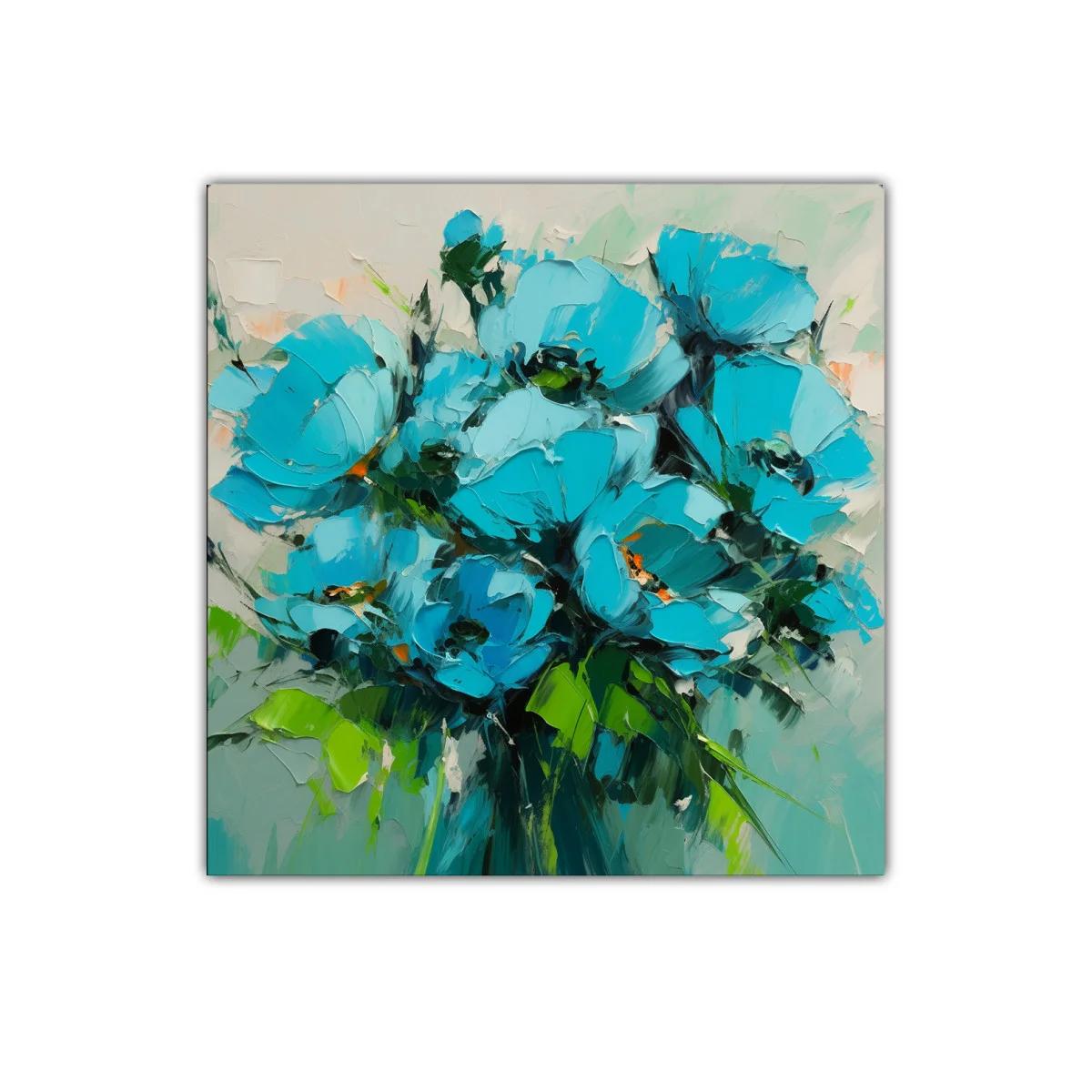 Cuadro floral con vibrantes flores turquesa y verdes frescos