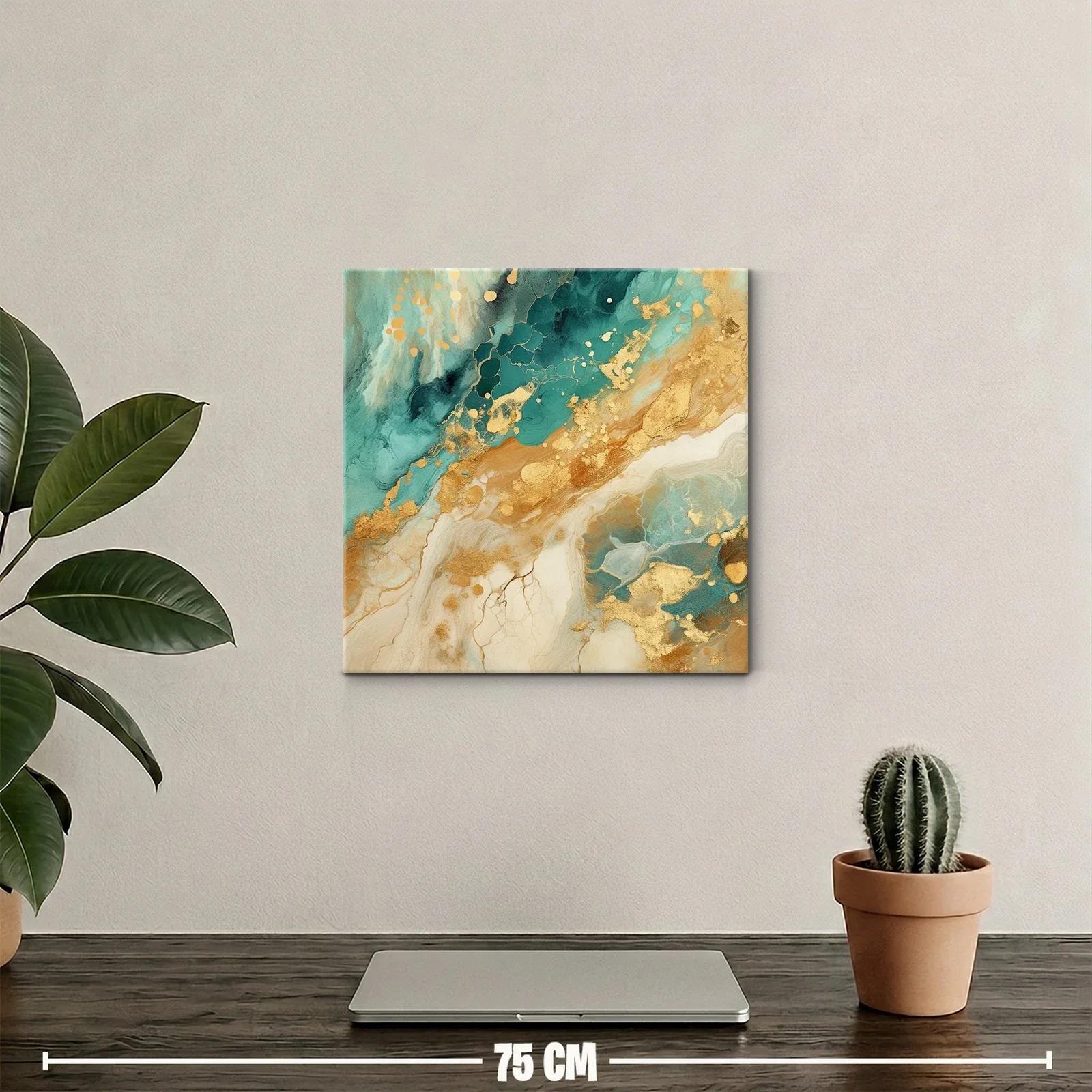 Cuadro abstracto con detalles dorados y tonos turquesa — miniatura 2
