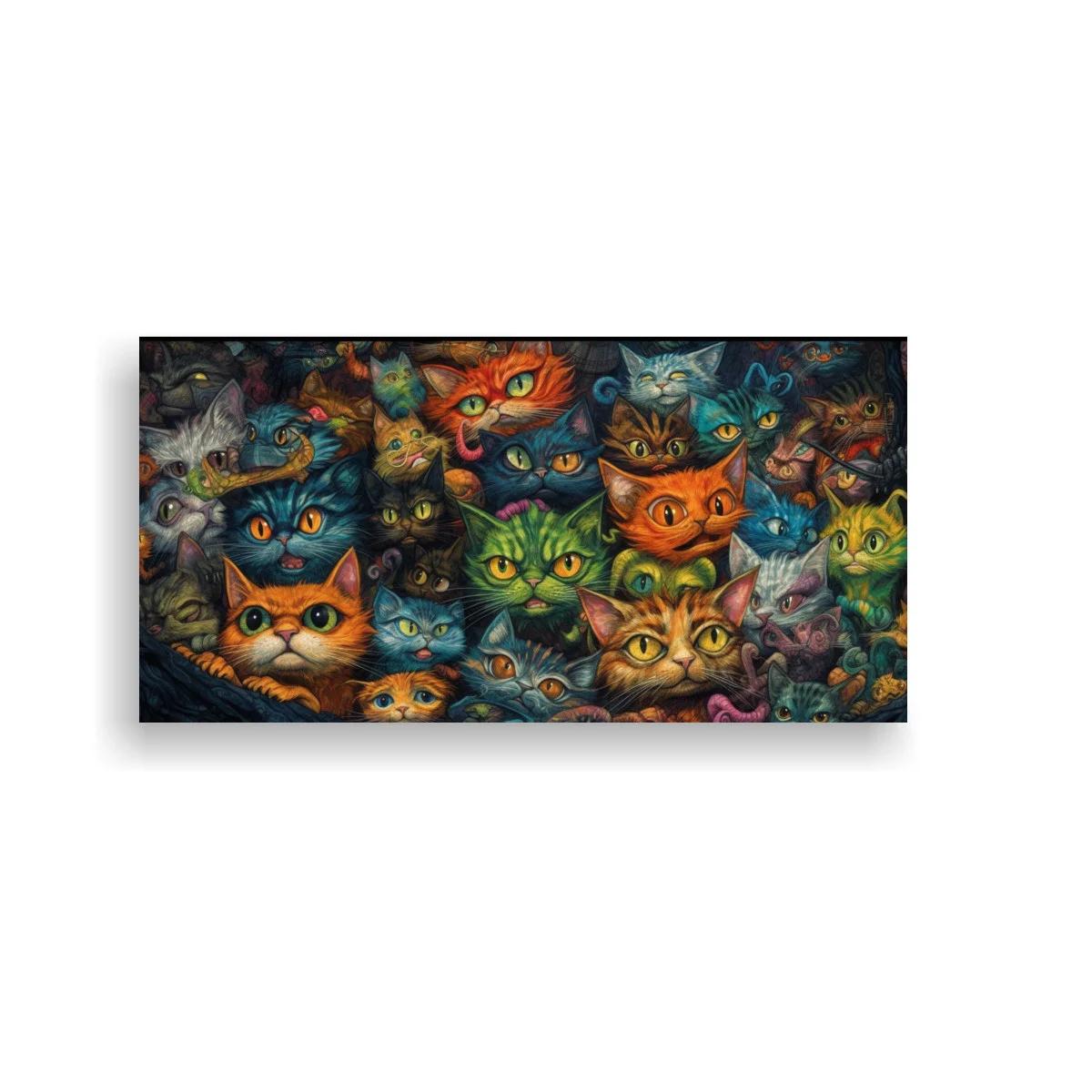 Cuadro multitud de gatos de ojos brillantes y caras superpuestas