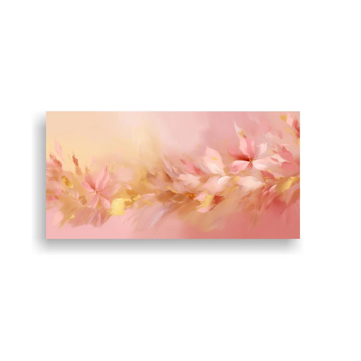 Cuadro flores rosadas con guirnalda floral y tonos dorados