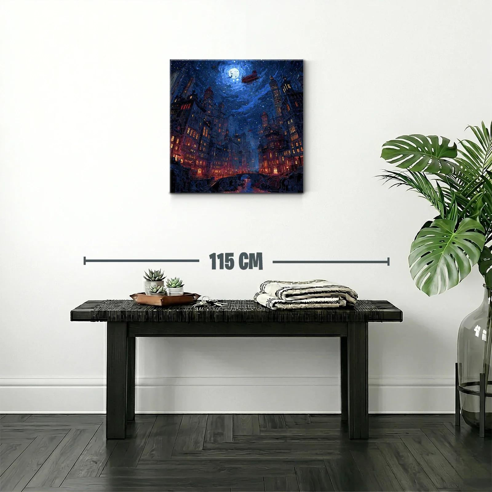 Ciudad nocturna bajo un cielo estrellado y luna llena — miniatura 2