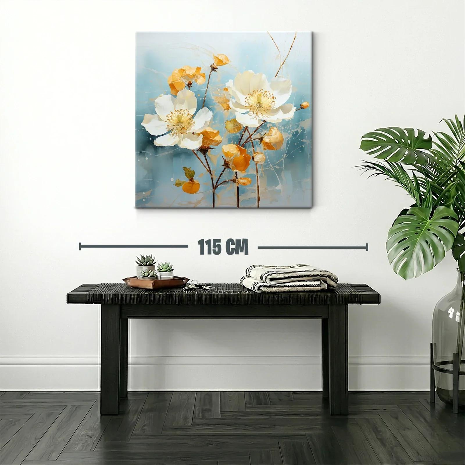 Cuadro con flores blancas y tonos cálidos sobre fondo azul — miniatura 2