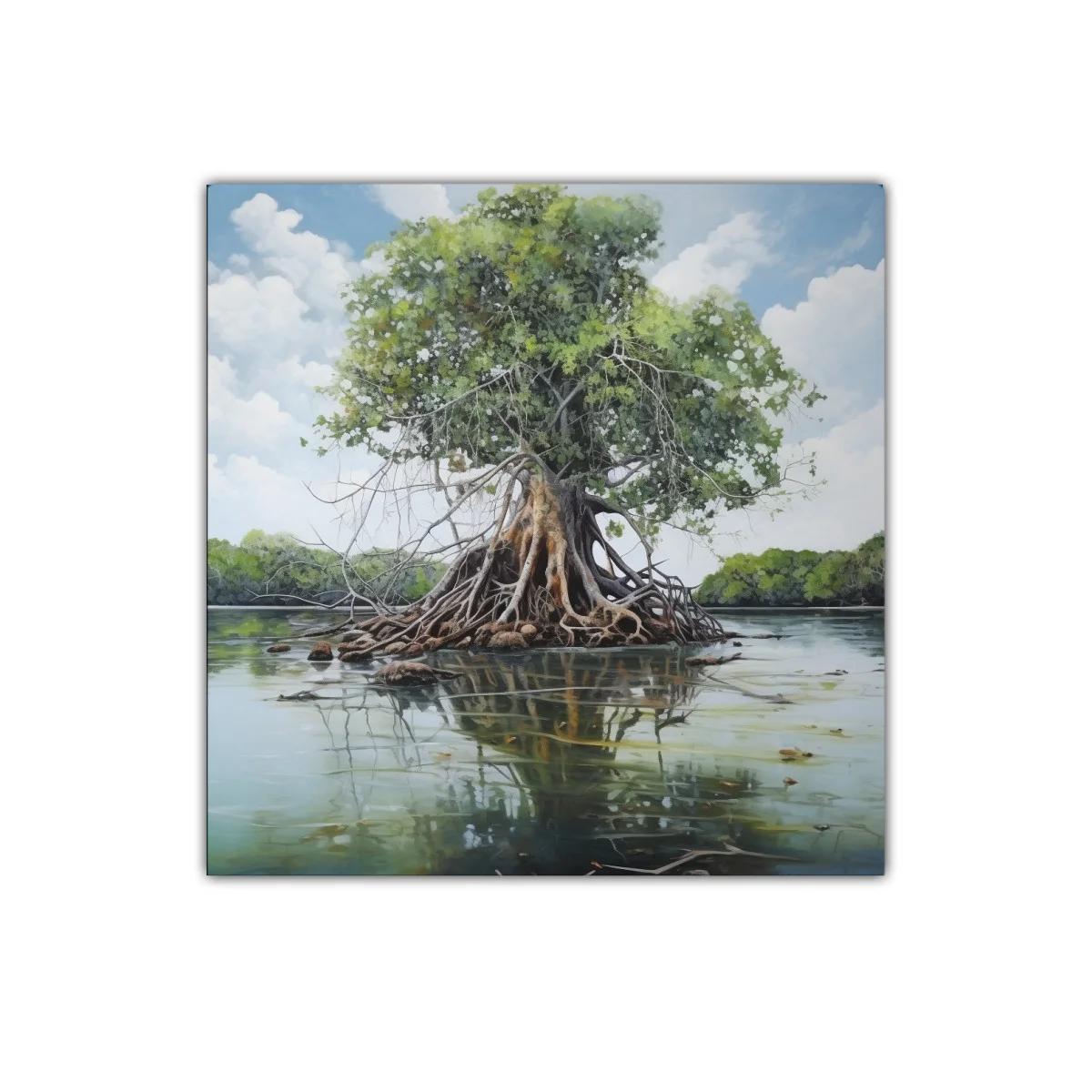 Árbol solitario con raíces expuestas en aguas tranquilas