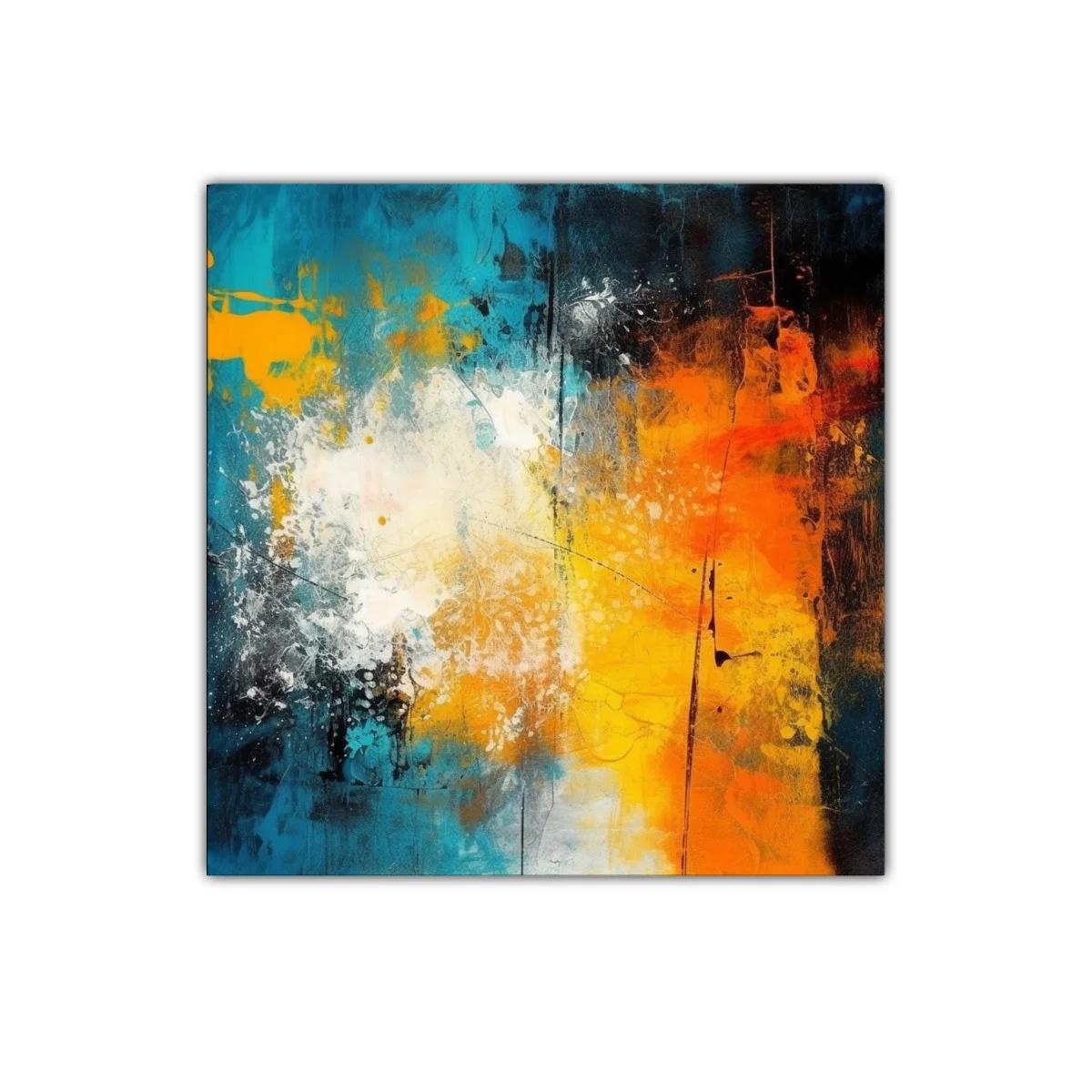 Cuadro abstracto vibrante con tonos azul y naranja intenso