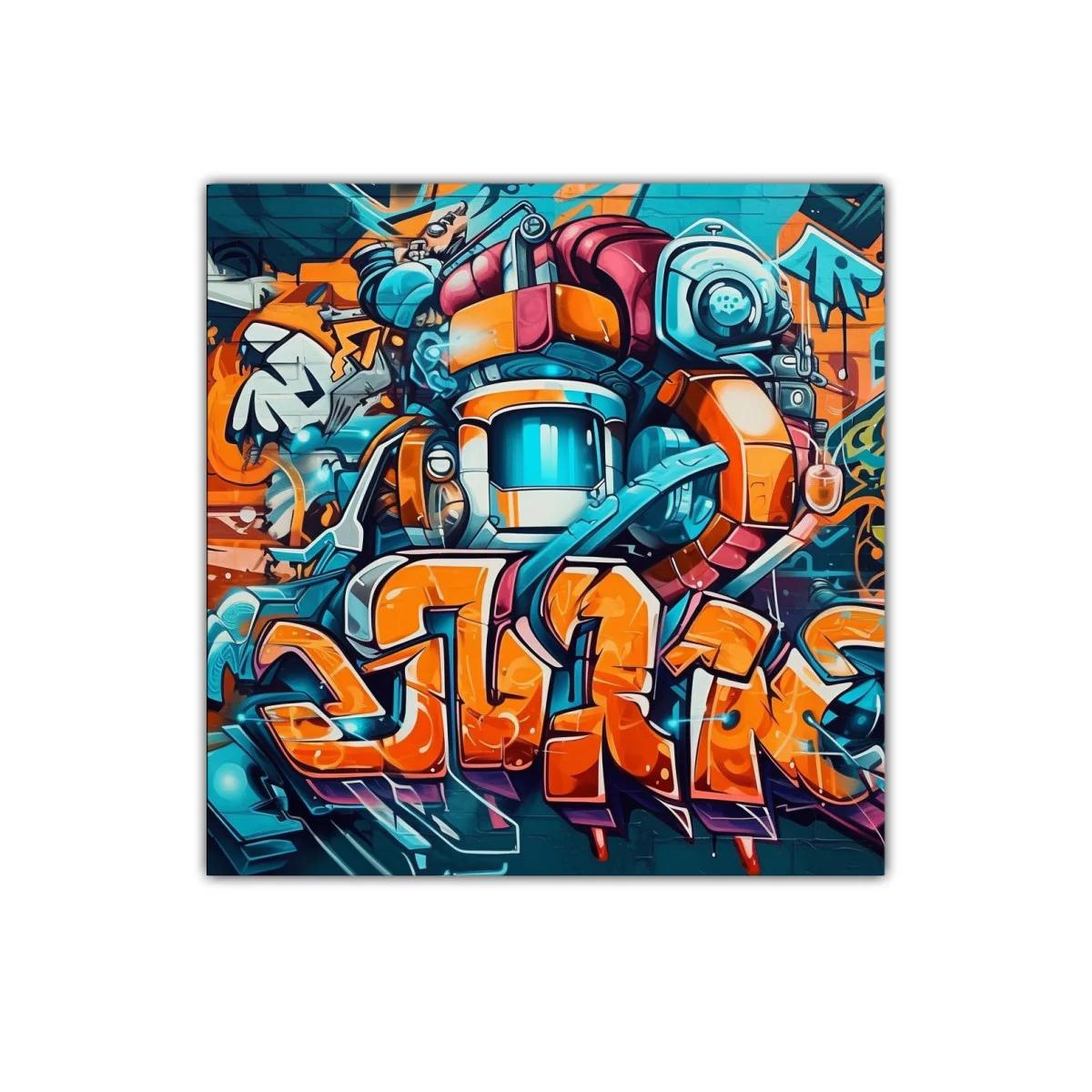 Cuadro con arte urbano y robot futurista en vibrantes tonos — imagen principal