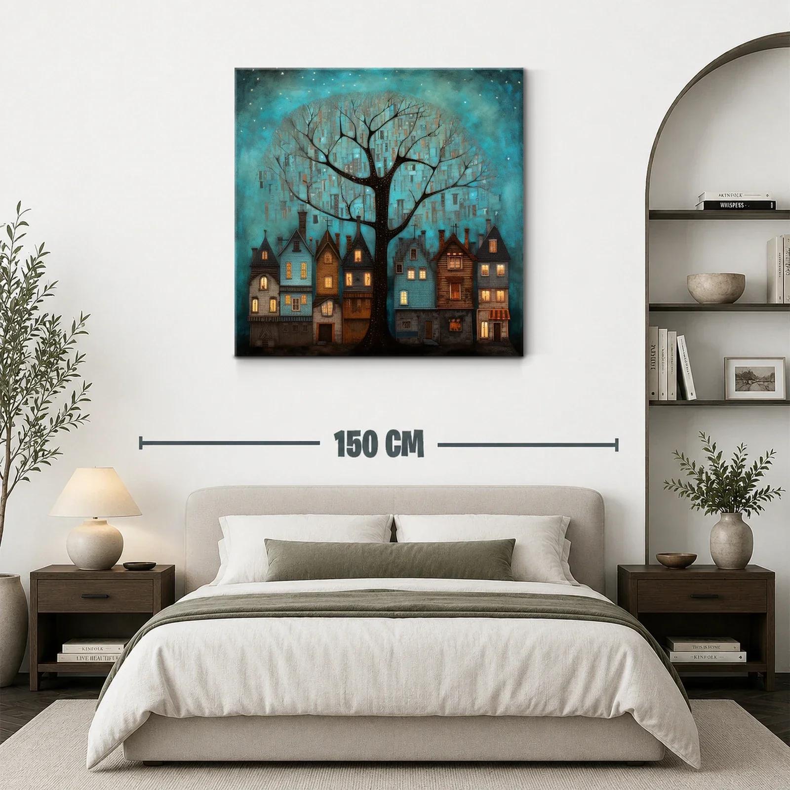 Encantador paisaje nocturno con casas y árbol iluminado — miniatura 3