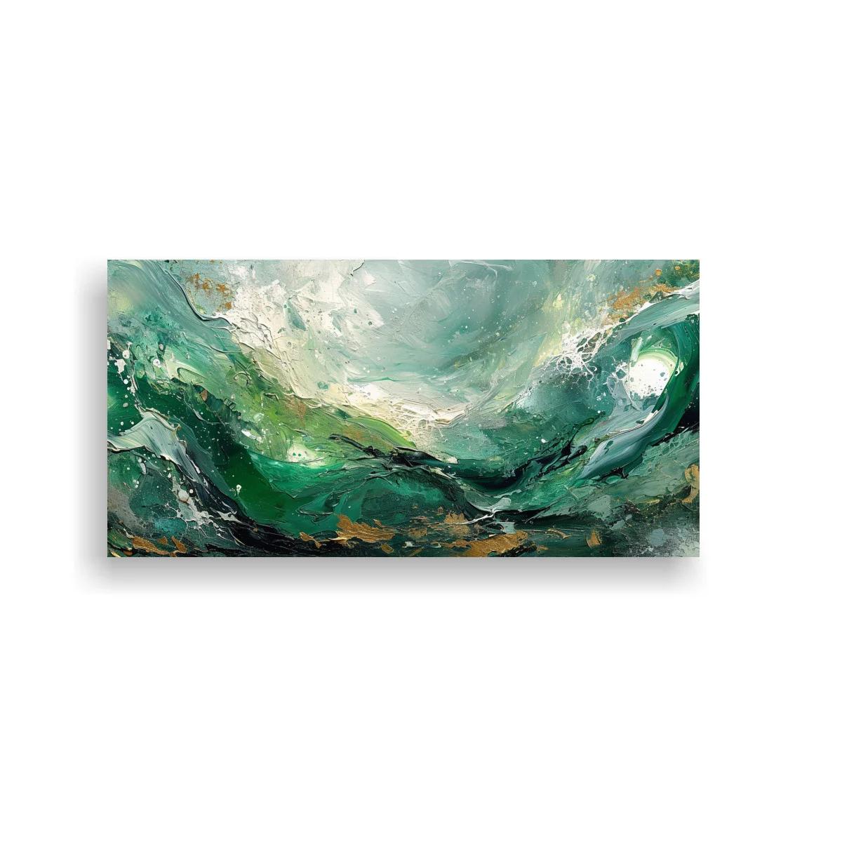 Cuadro ola abstracta en verde esmeralda con acentos dorados