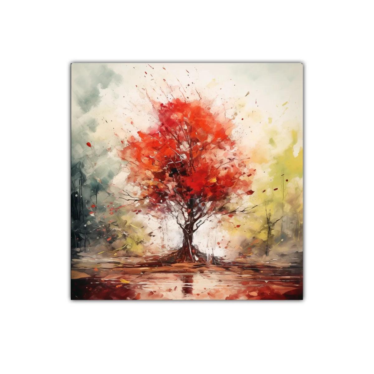 Árbol en otoño con vibrantes tonos rojos y ambiente sereno
