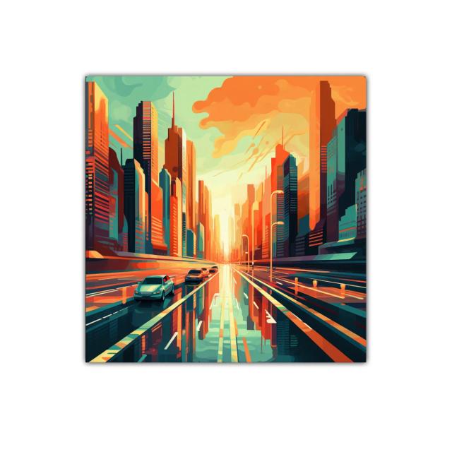 Atardecer urbano con reflejos vibrantes en ciudad moderna