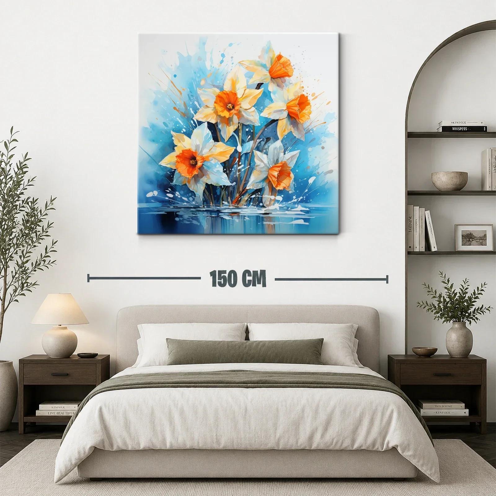 Cuadro floral vibrante con narcisos anaranjados y fondo azul — miniatura 3