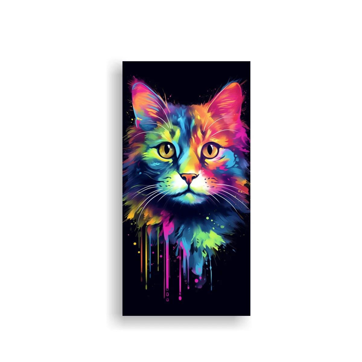 Cuadro cara de gato de colores neón con goteos sobre fondo negro