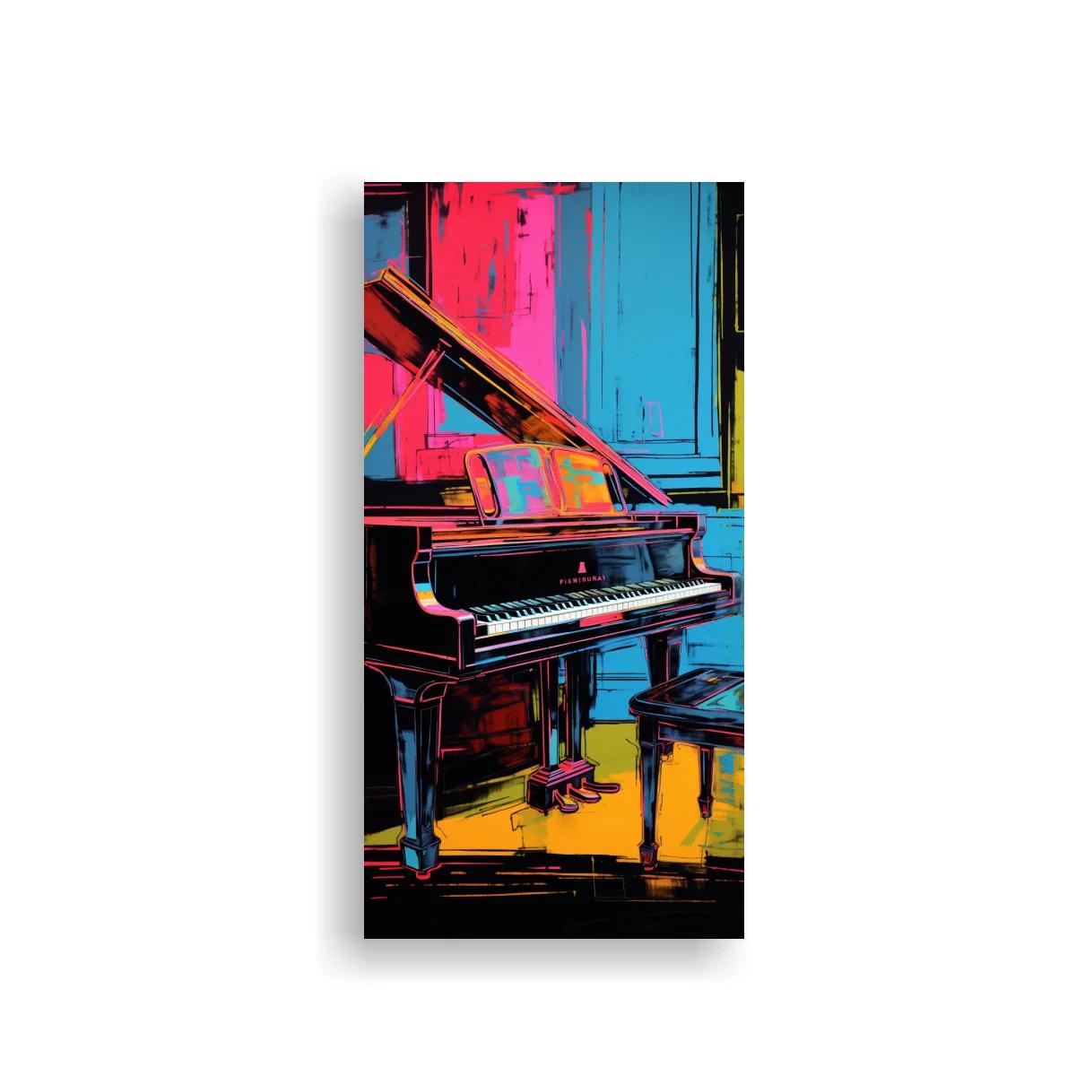 Cuadro piano de cola con tapa abierta y banqueta cercana