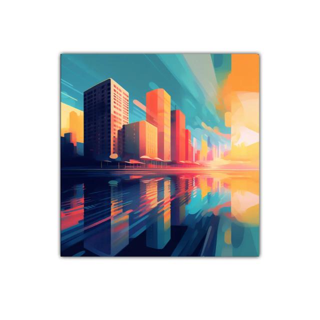 Atardecer vibrante sobre la ciudad reflejada en el agua