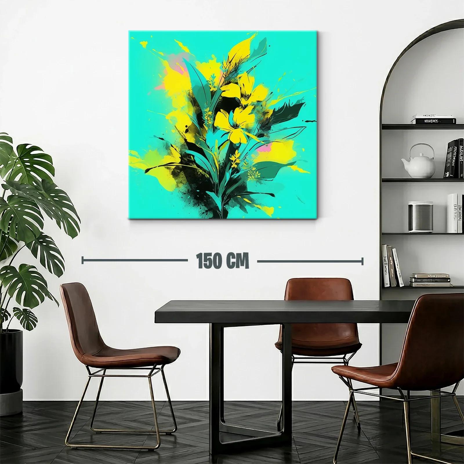 Cuadro moderno con flores amarillas vibrantes y fondo turquesa — miniatura 2
