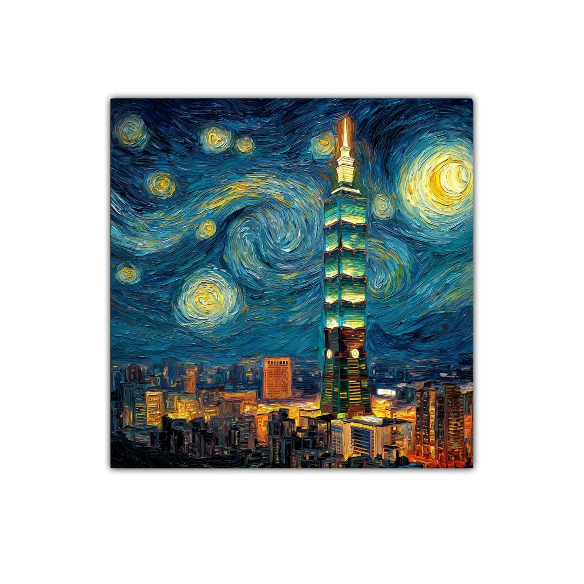 Ciudad nocturna vibrante con torre iluminada al estilo Van Gogh — imagen principal