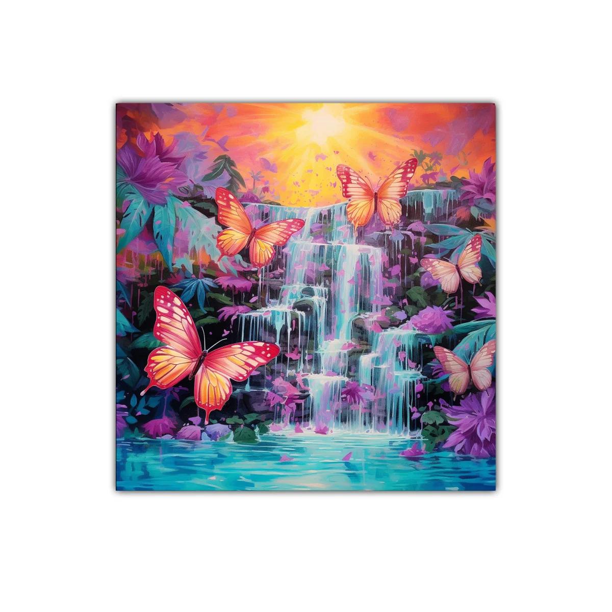Mariposas vibrantes sobre cascada en paisaje de fantasía — imagen principal