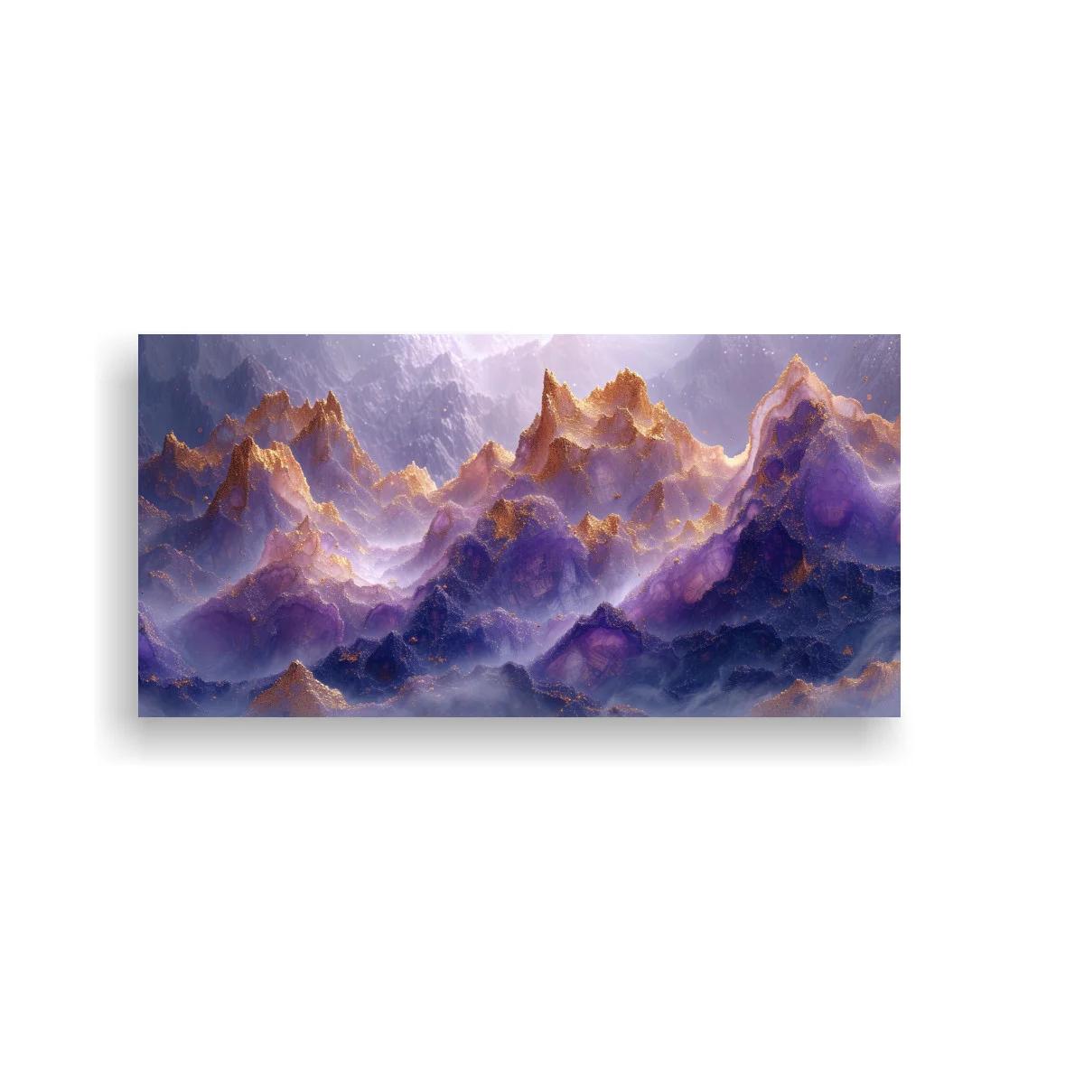 Cuadro cordillera de montañas con luces cálidas y bruma