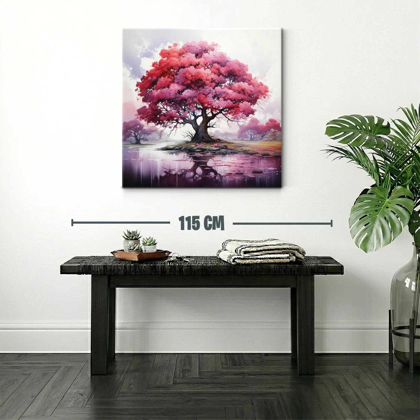 Árbol rosa con reflejo en lago sereno y místico — miniatura 2