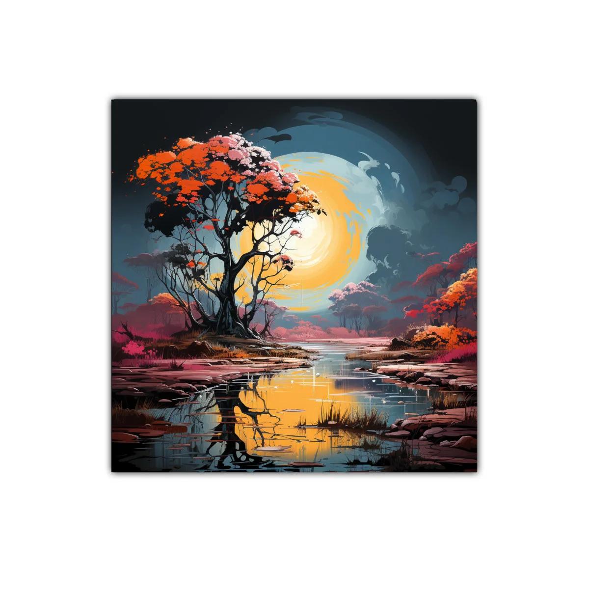 Paisaje onírico con árbol naranja frente al lago brillante — imagen principal