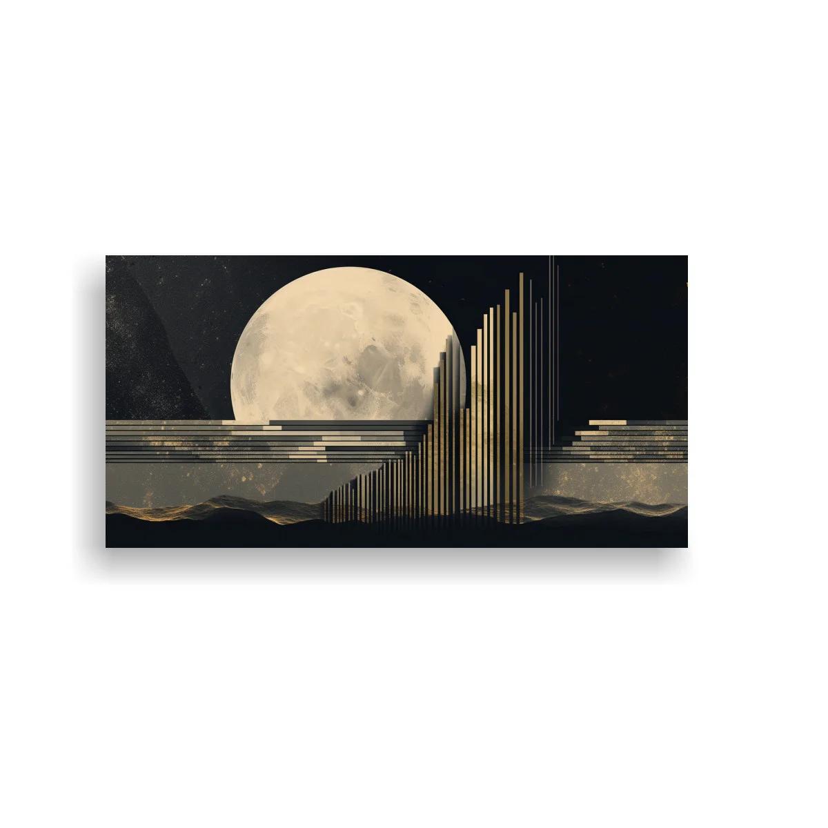 Cuadro luna llena con paisaje geométrico dorado — imagen principal