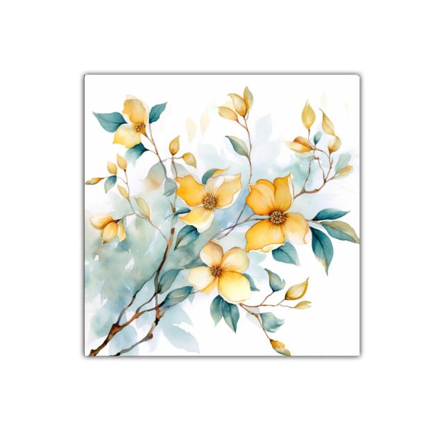 Cuadro decorativo con flores amarillas y hojas verdes pintadas