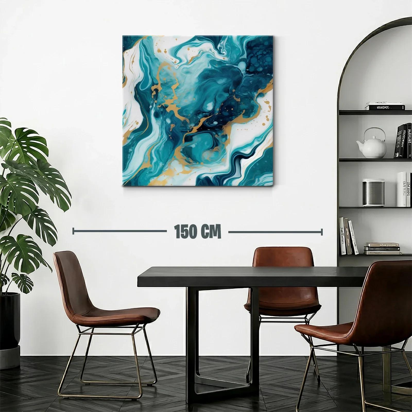 Cuadro abstracto con tonos turquesa y dorados vibrantes — miniatura 2