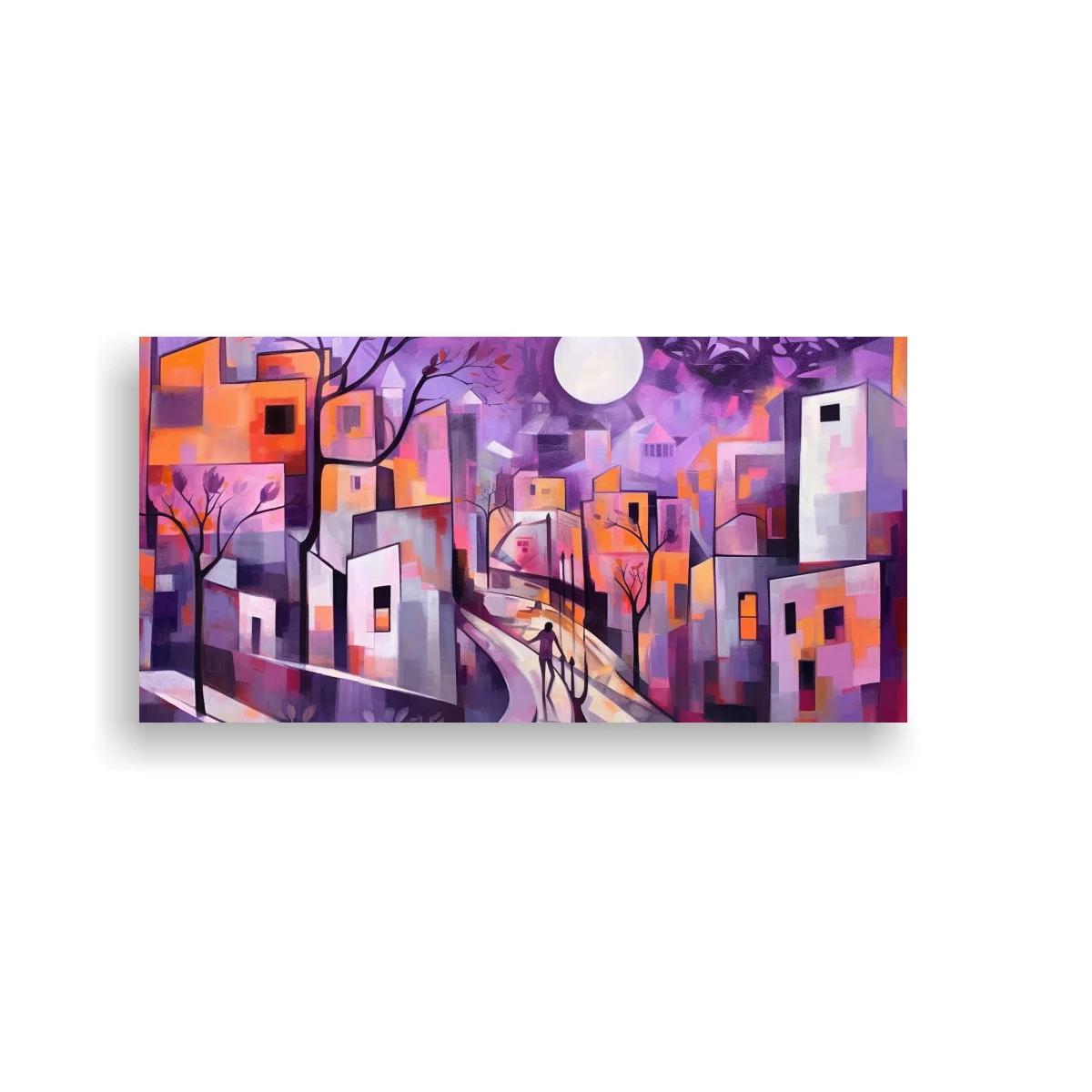 Cuadro pueblo urbano con calle sinuosa y luna blanca