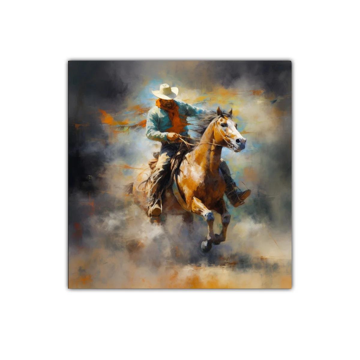 Cuadro de vaquero a caballo en movimiento con tonos cálidos — imagen principal