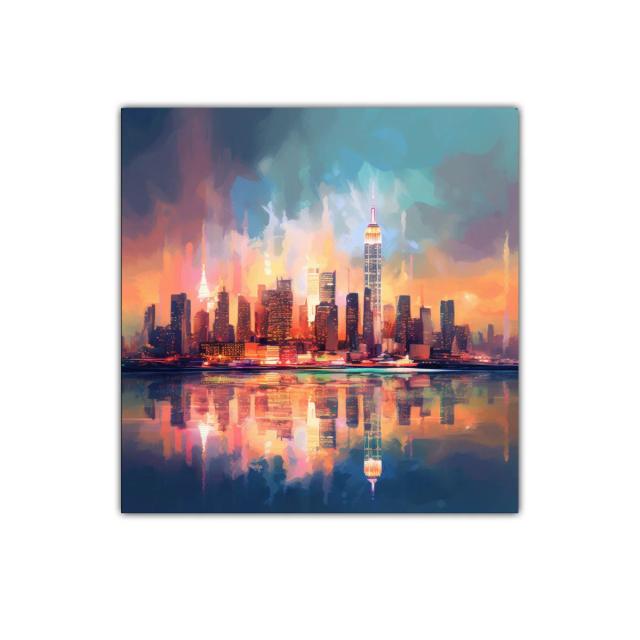 Atardecer vibrante en skyline urbano con reflejos vivos